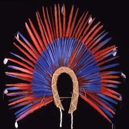 South American Indian Headdress featuring scarlet feathers of the endangered scarlet macaw.