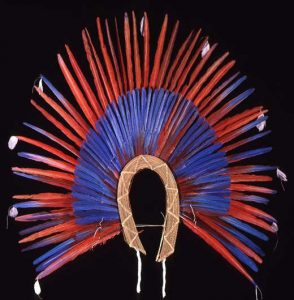 South American Indian Headdress of blue and red scarlet macaw parrot feathers